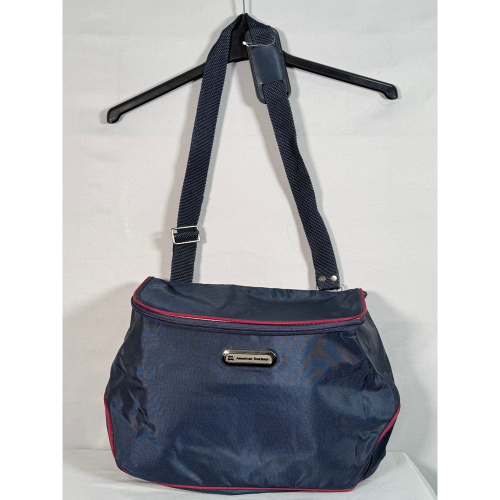 Vintage 1989 American Tourister Navy Blue Nylon Messenger Bag Red Trim 17x11x5